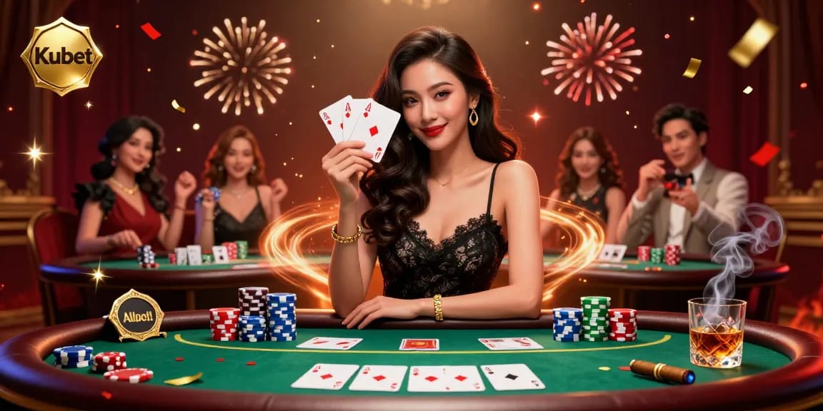 Kubet casino illustration showing an elegant woman holding playing cards in a luxurious setting surrounded by poker chips and vibrant details.