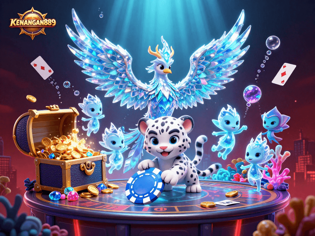 Experience thrilling gameplay with KENANGAN889 featuring an ice phoenix and casino elements.
