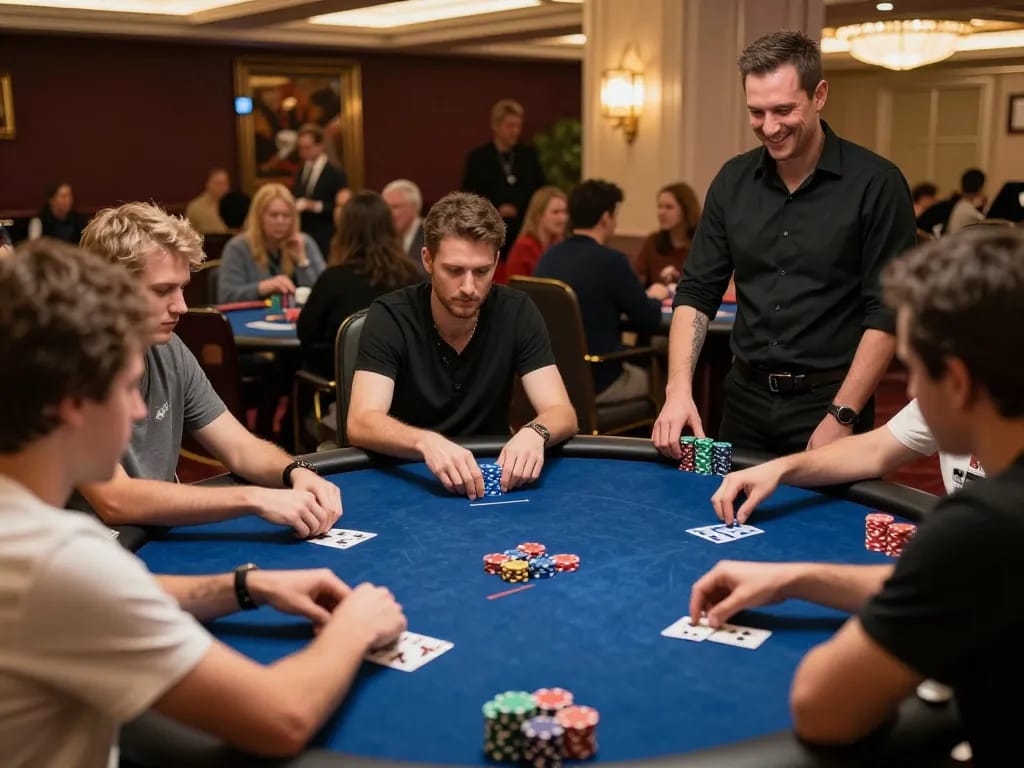 Schoeneck Hotel poker strategy night with players engaged in high-stakes gameplay, focused atmosphere, strategic tension.