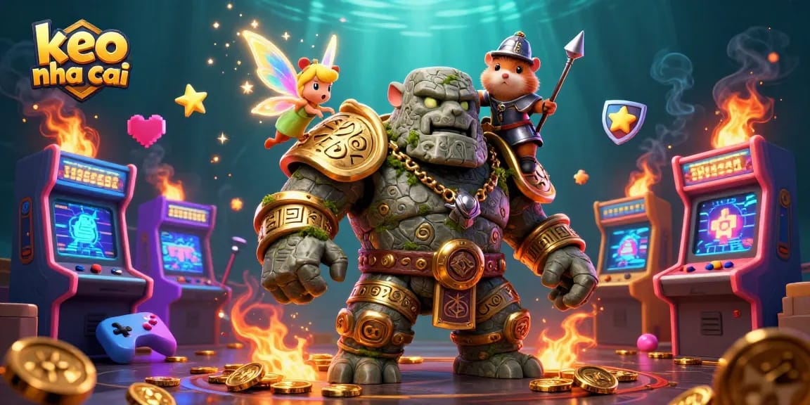 Engage in dynamic betting action with keo nha cai, featuring magical creatures and colorful arcade elements.