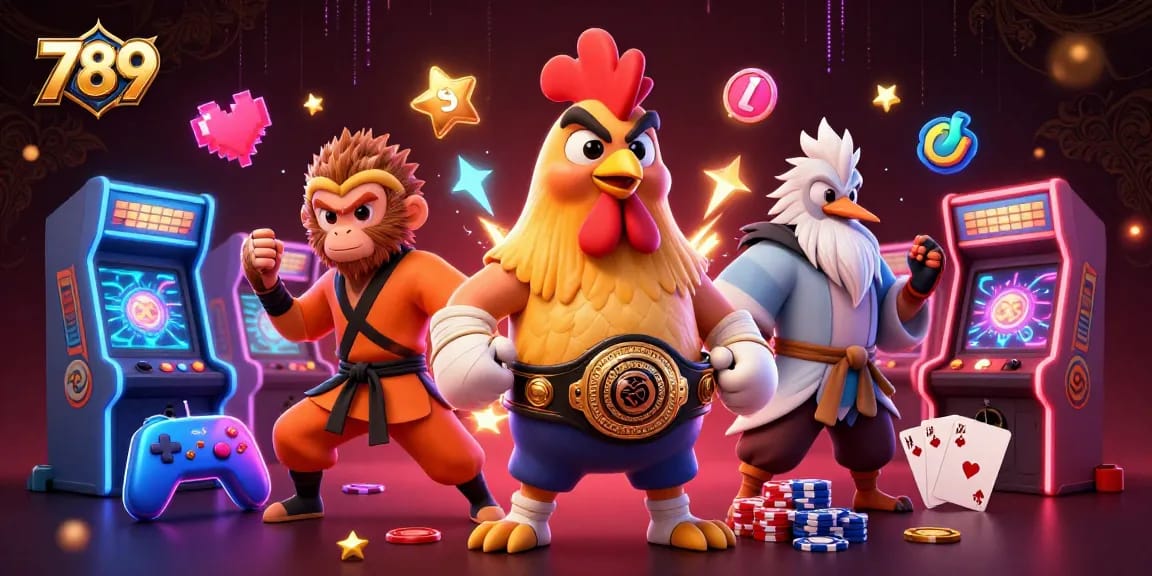 Engage with 789's lively 3D scene showcasing a Muay Thai rooster, Shaolin monkey, and crane master in interactive play.