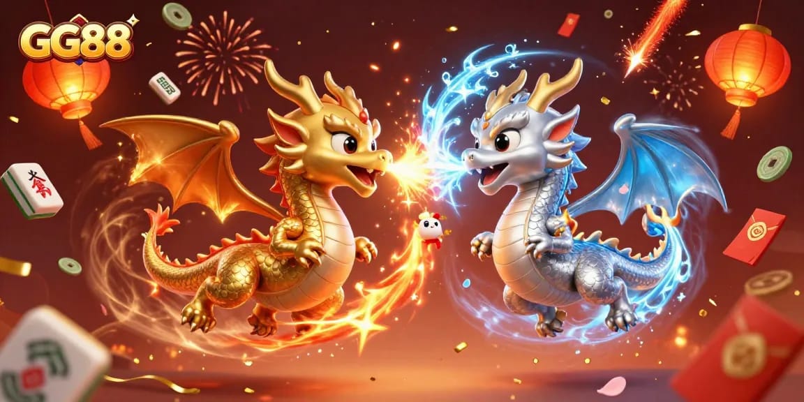 Win big with GG88 in this dynamic 3D illustration featuring dragons and festive casino elements.