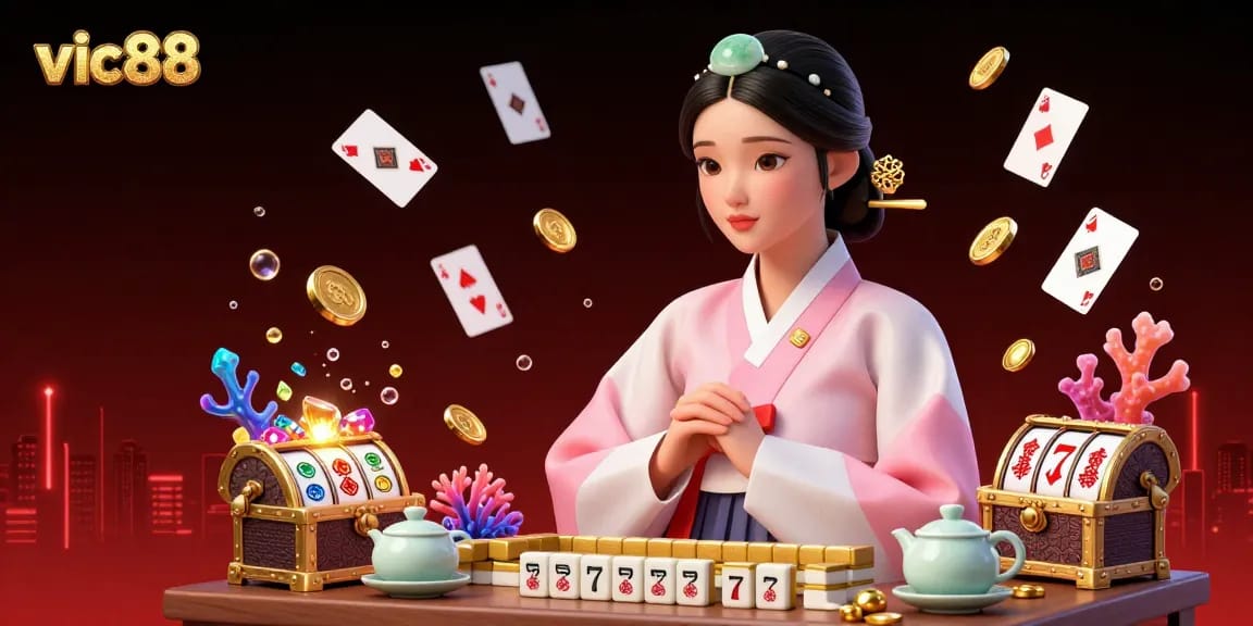 Experience the vibrant world of vic88 with an elegant scene, showcasing casino excitement and dynamic game elements