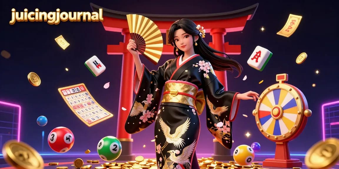 Engage with juicingjournal's vibrant lottery scene featuring colorful bouncing balls and a golden bingo card.