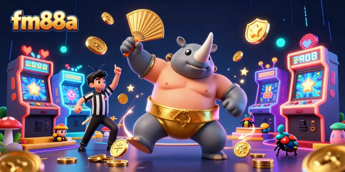 Experience the thrill of fm88a as a rhinoceros beetle sumo champion wins big, surrounded by colorful gaming elements.