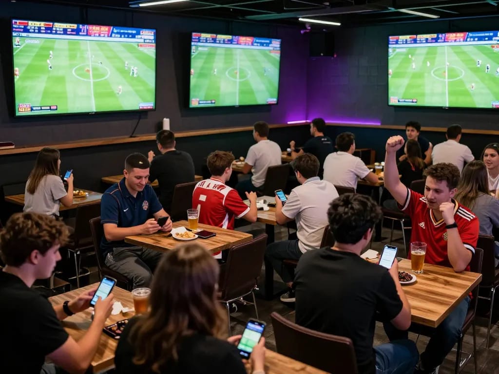 Engaging sports betting scene at nhandinhkeonhacai with fans placing wagers and watching games