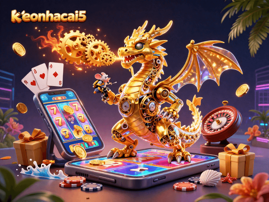 Spin reels and win with the vibrant keonhacai5 casino scene featuring a golden dragon.