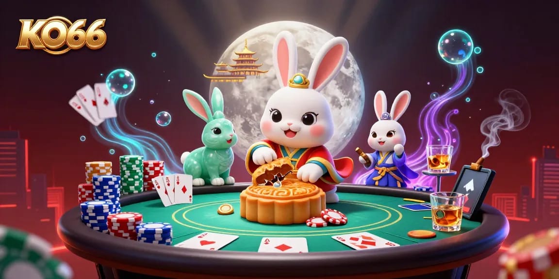 Engage with KO66's vibrant casino scene with a moon rabbit revealing poker chips in a dynamic gambling atmosphere.