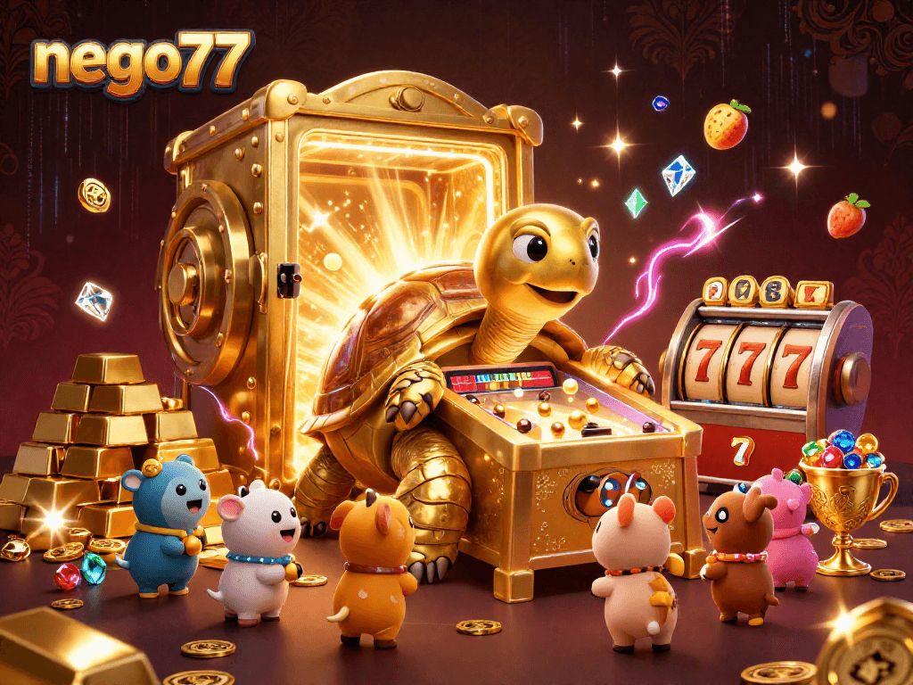 Engage in thrilling gameplay at nego77 with a colossal golden tortoise pinball machine surrounded by treasures.