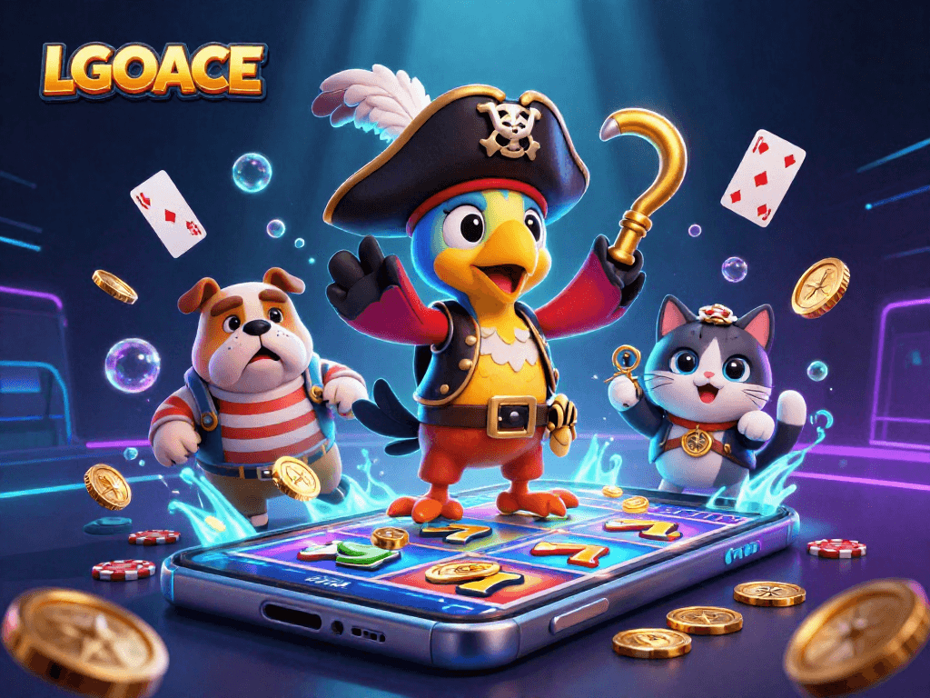 LGOACE features a pirate captain and friends engaging in a vibrant slot game scene with colorful elements.