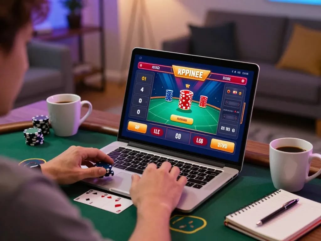 Playing poker on 68gamebaivn with laptop in a cozy home setting, emphasizing responsible gaming.