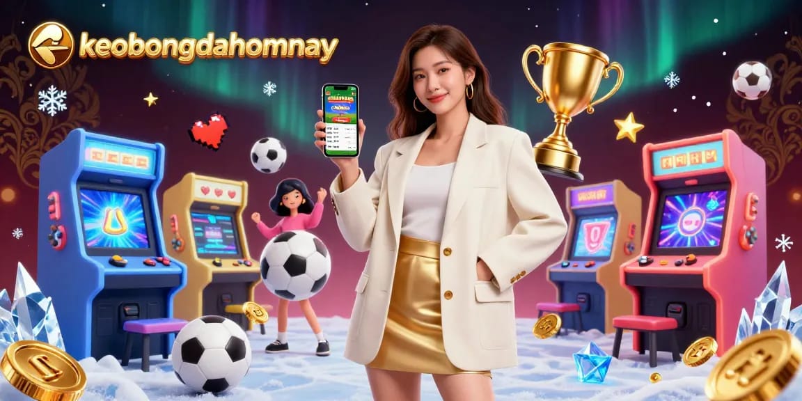 Engage with keobongdahomnay as a beautiful Asian woman showcases a sports betting app amidst floating sports elements.
