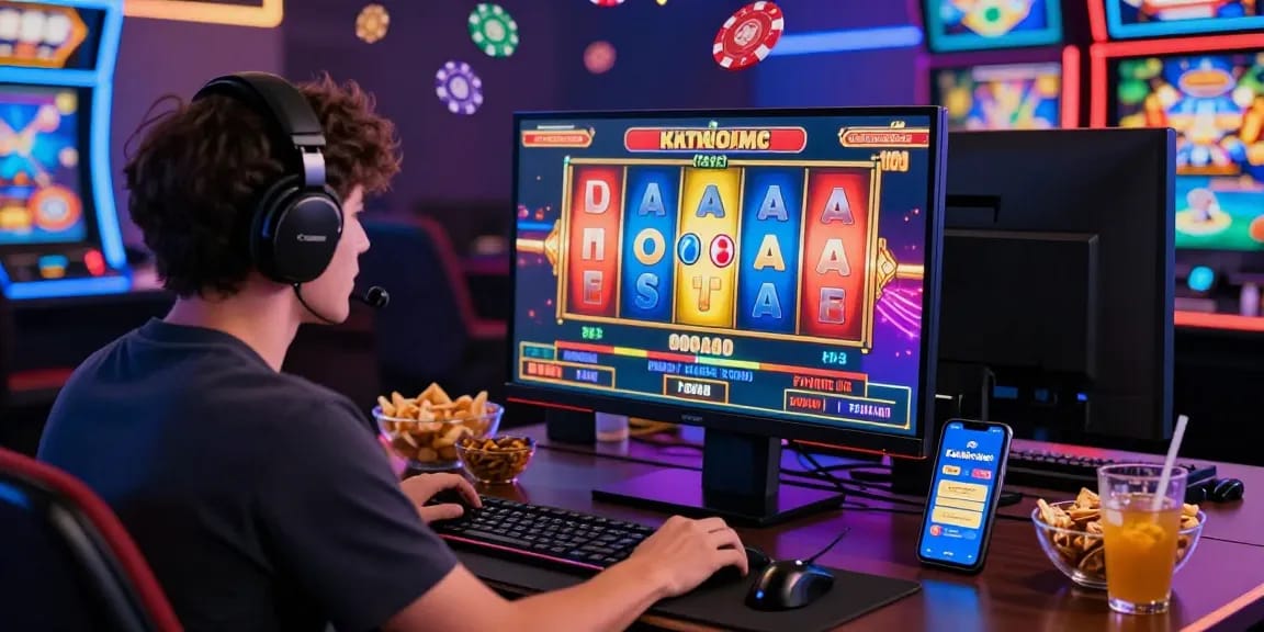 Engaging with Slot Gacor Hari Ini Kartupoker in a vibrant online gaming setup, featuring a live slot game and gaming accessories.