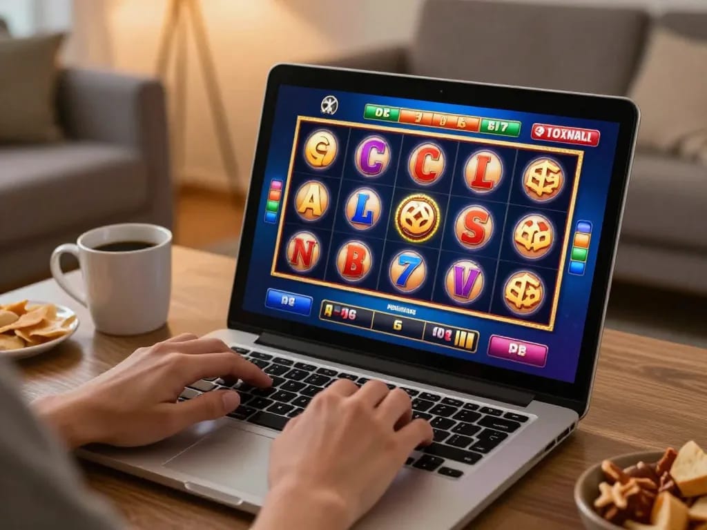 Engaging in Sloot Online gaming at home, with spinning reels and vibrant interface.