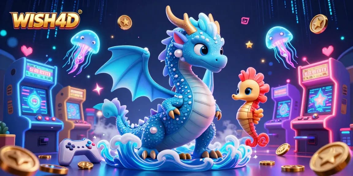Immerse yourself in the vibrant world of WISH4D with a captivating 3D casino scene featuring an azure dragon and arcade elements.