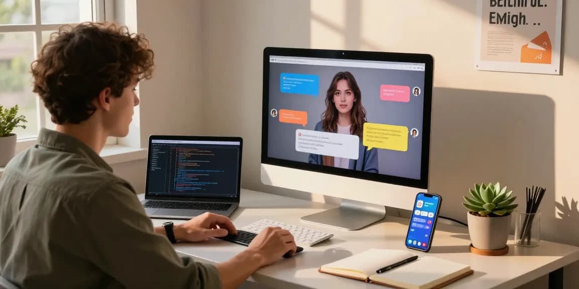 A cozy home office scene with a young adult chatting with their AI gf on a computer screen.