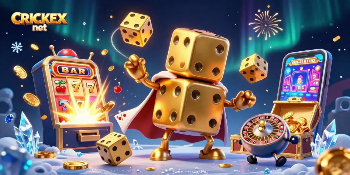 Join the excitement at CRICKEX net with a vibrant gaming scene filled with golden dice and thrilling casino elements.