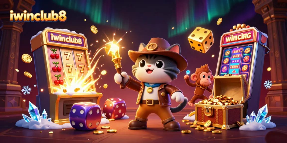 Experience gaming thrills with iwinclub8, featuring a lively 3D casino adventure scene.