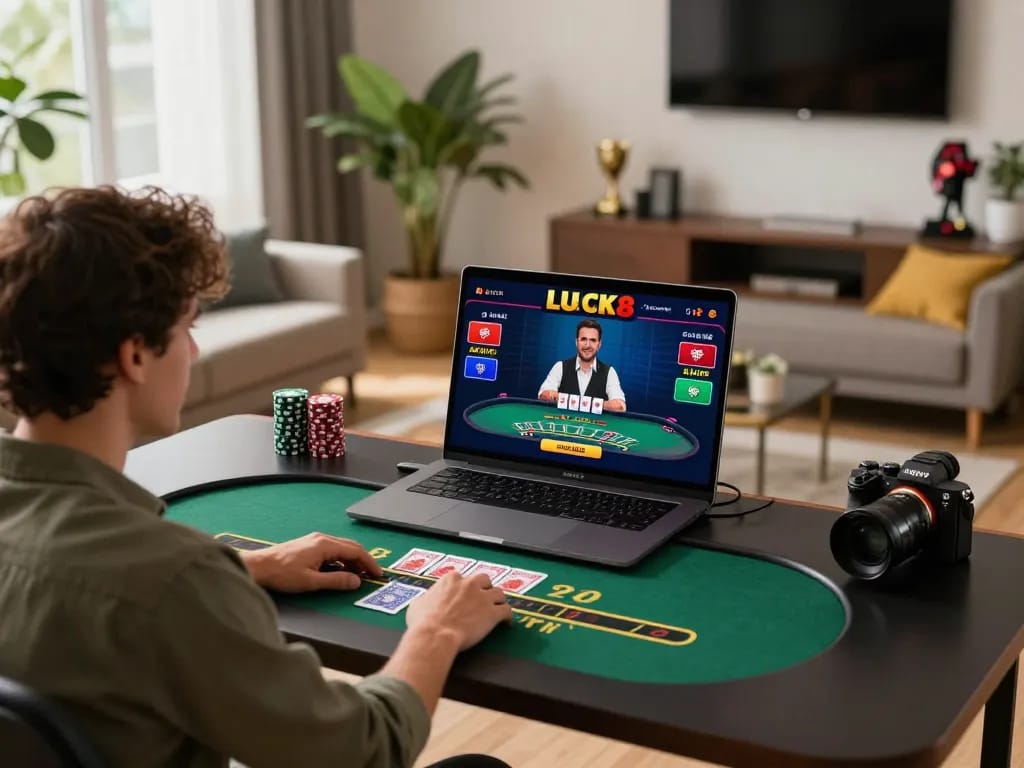 Chơi blackjack trực tuyến LUCK8 trong một không gian hiện đại đầy màu sắc, thể hiện chiến lược và sự phấn khích.