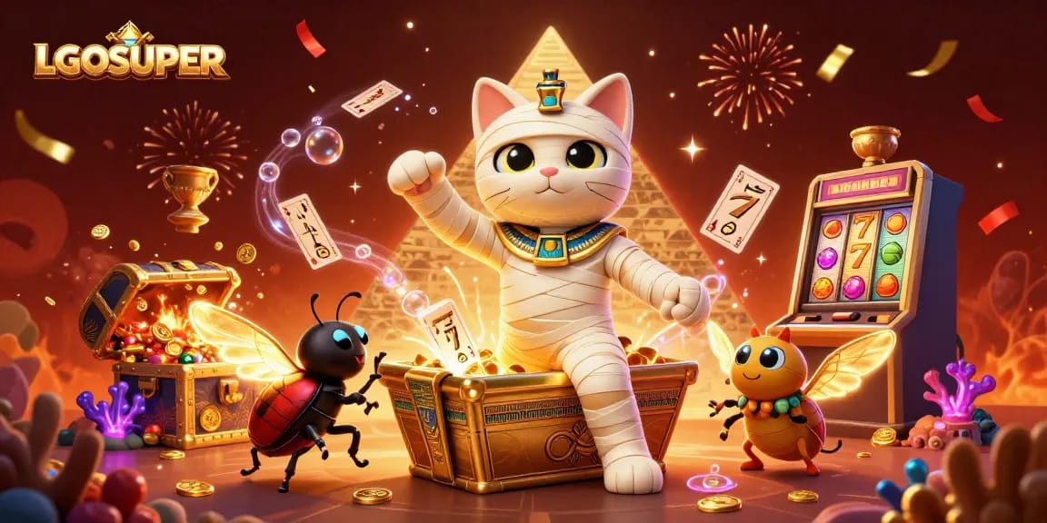 Experience thrilling moments with LGOSUPER as the Egyptian mummy cat and scarab beetle unveil winning slots in an exciting casino.