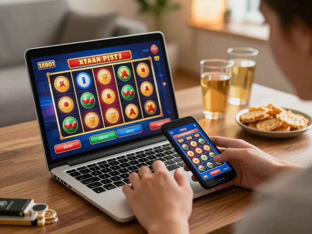 Engaging online gaming setup with brandingbybrandi featuring a vibrant slot game on laptop and smartphone amidst a cozy home atmosphere.