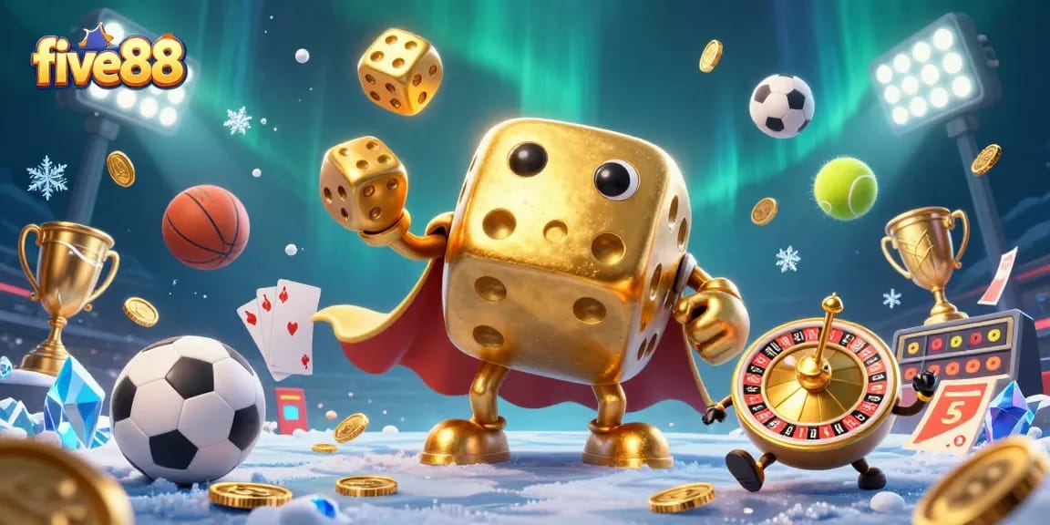 Experience the excitement of five88 with dynamic sports betting and casino elements illustrated in vibrant 3D.