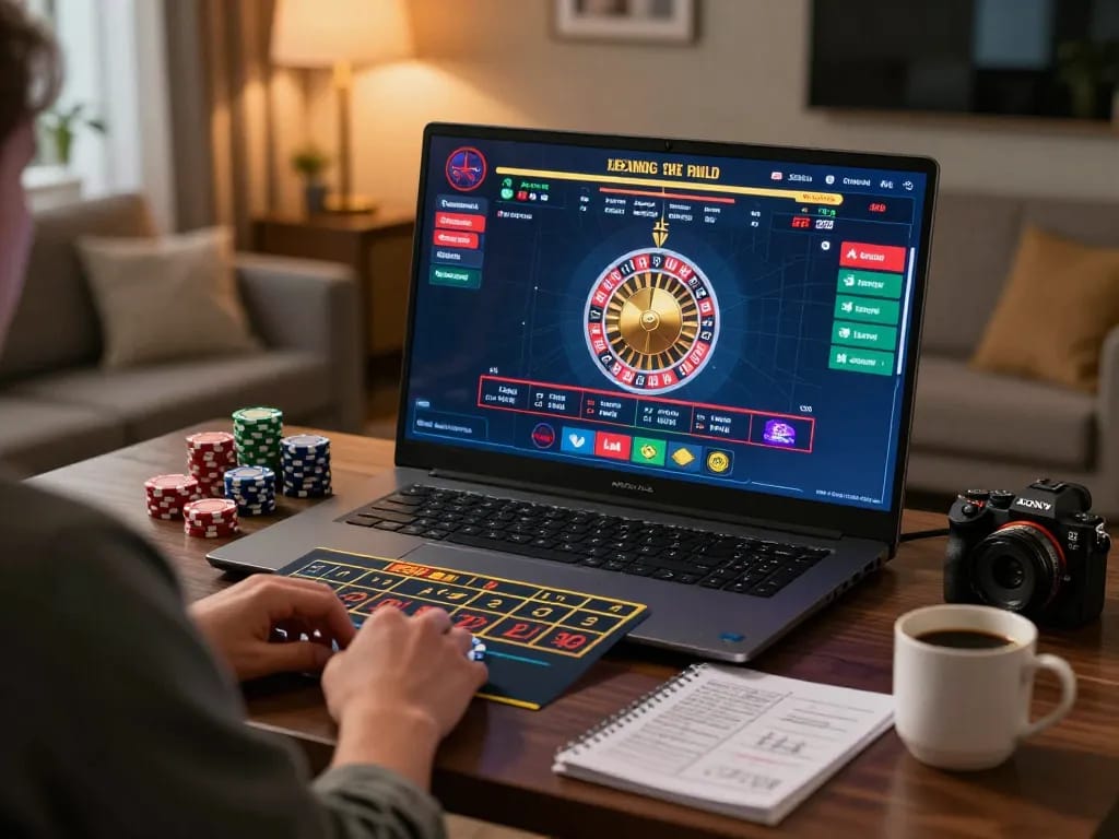 gg88 player engaging with live dealer roulette game on a laptop at cozy home setup