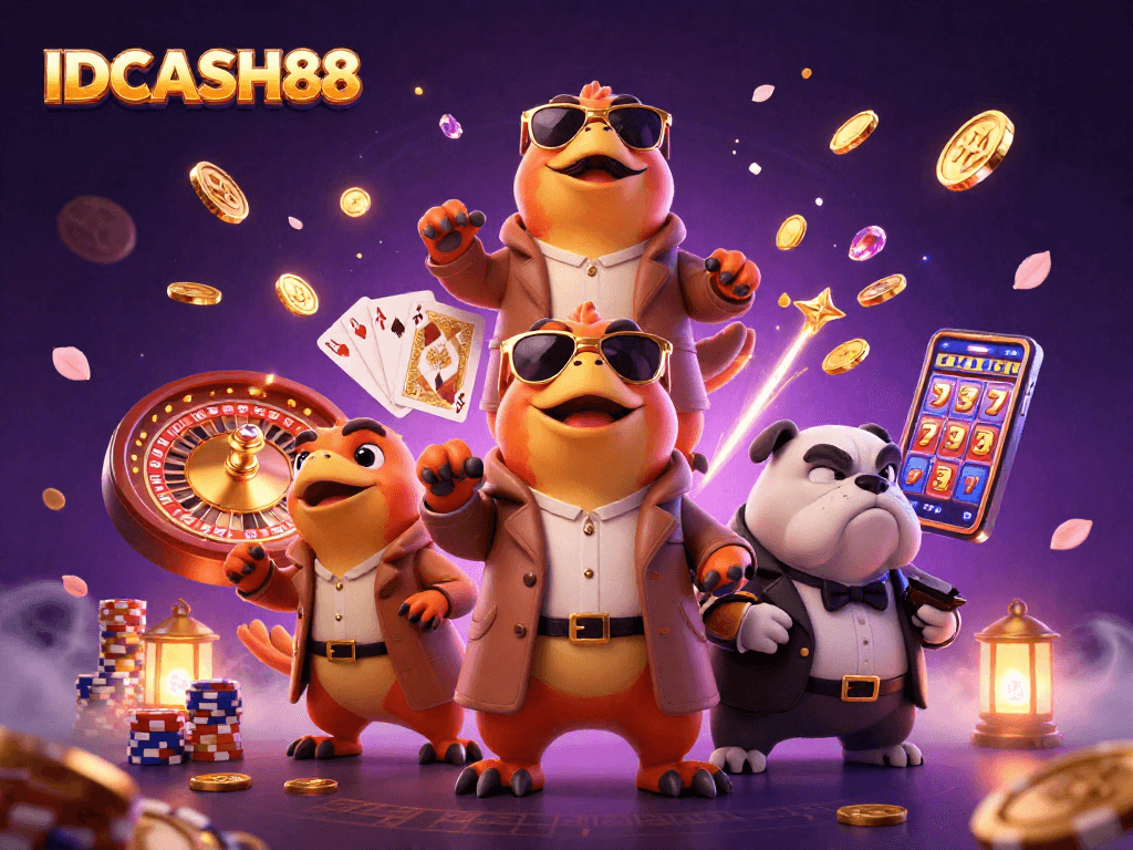 Experience IDCASH88 as cartoon raptors enter a VIP casino scene filled with excitement and energy.
