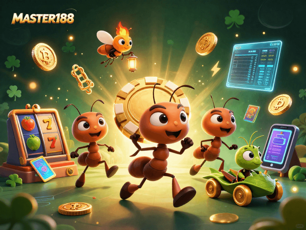 Engage with MASTER188 and witness a thrilling heist featuring a team of cartoon ants and dynamic casino elements.