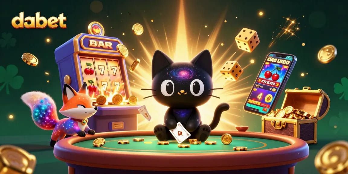 Dabet creates an exciting gaming atmosphere, as a black hole cat attracts golden chips and cards at a cosmic casino.