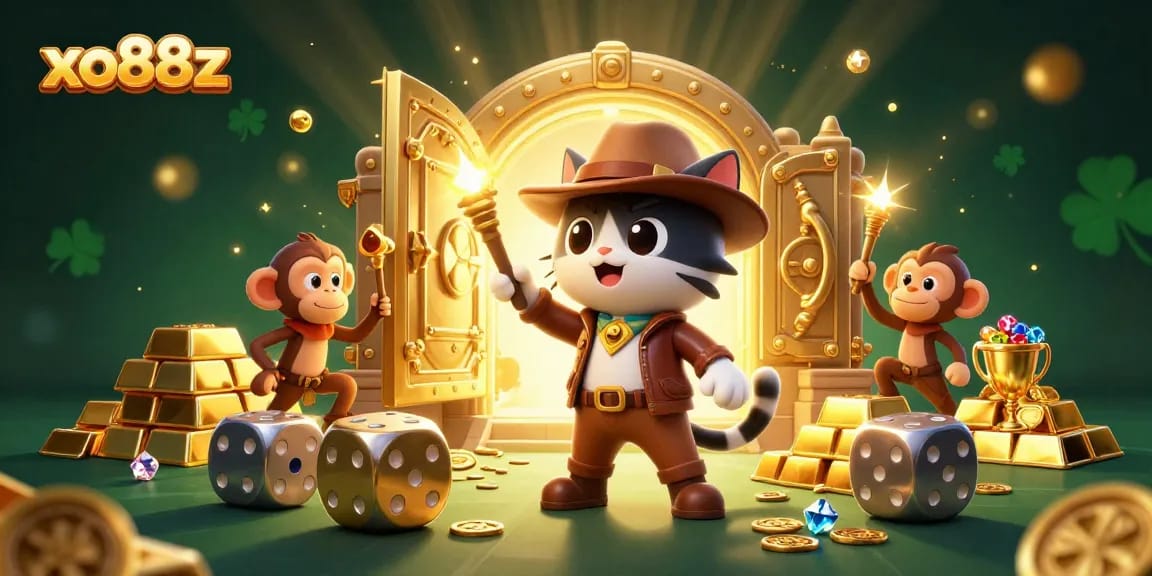 Engage in thrilling gameplay at xo88z, featuring cartoon characters discovering casino treasures, amidst vibrant golds and gems.