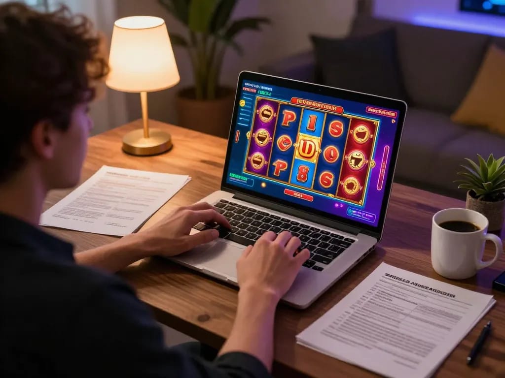 Engage with shopshela's dynamic online casino gaming scene featuring vibrant slot interface and cozy home setup.