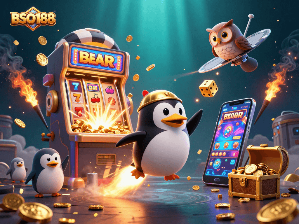 Experience thrilling gaming actions with BSO188 while playing in a vibrant casino-themed space.