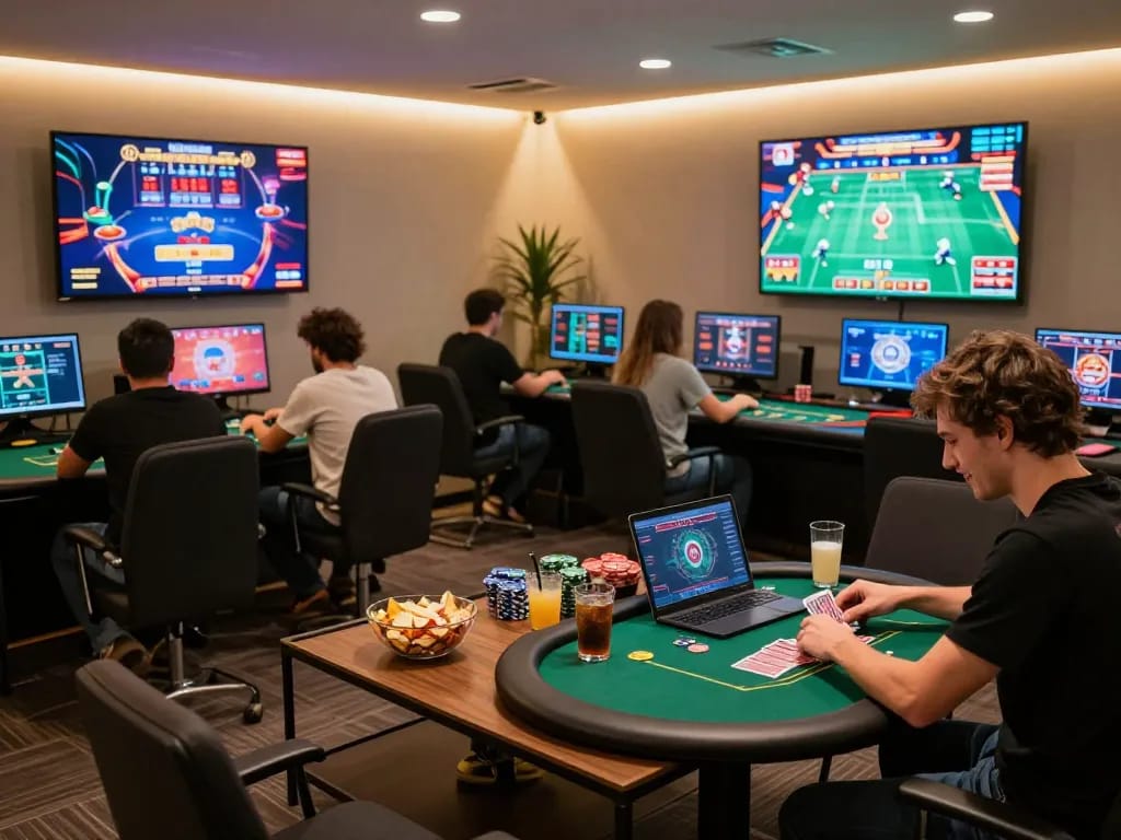 Engaged player enjoying online poker with tuesdayteasedallas gaming setup, cozy atmosphere with snacks.