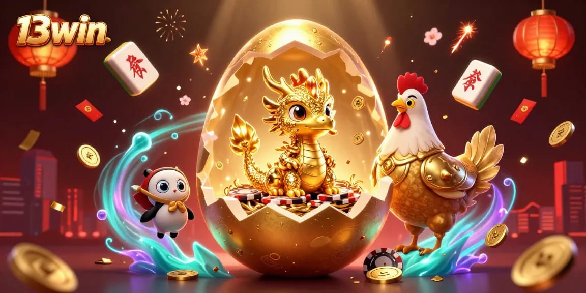Experience thrilling wins with 13win in this vibrant golden dragon-themed casino scene.