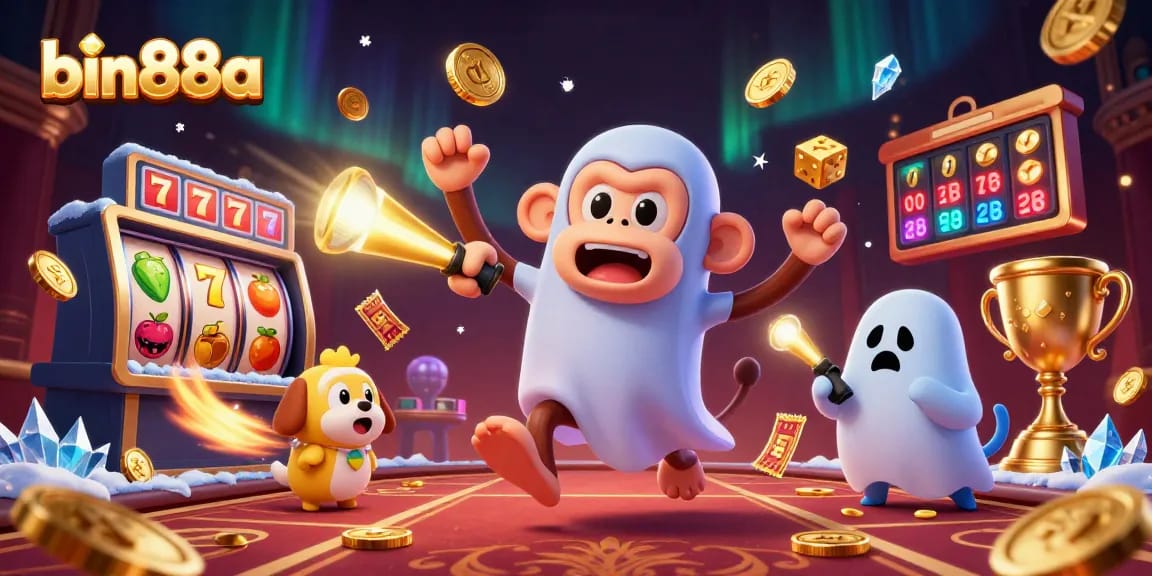 Engaging visual of bin88a showcasing a poltergeist monkey juggling casino elements with a ghost-hunter puppy in pursuit