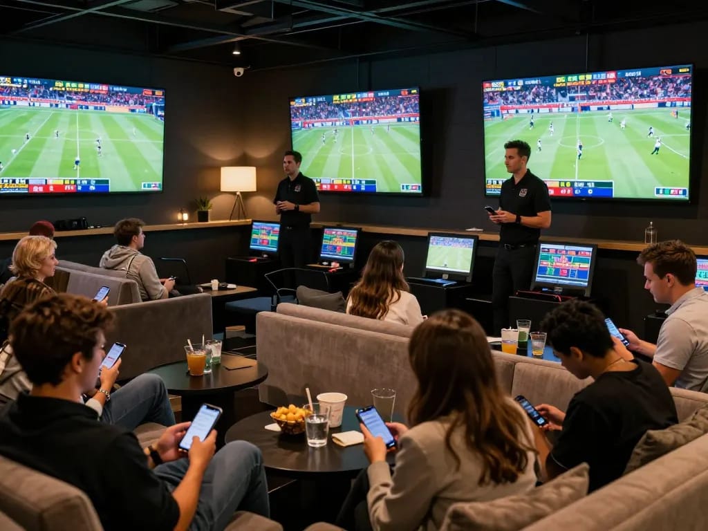 Bet on thrilling sports with pmtsoap in a busy lounge, patrons engaged in live betting action