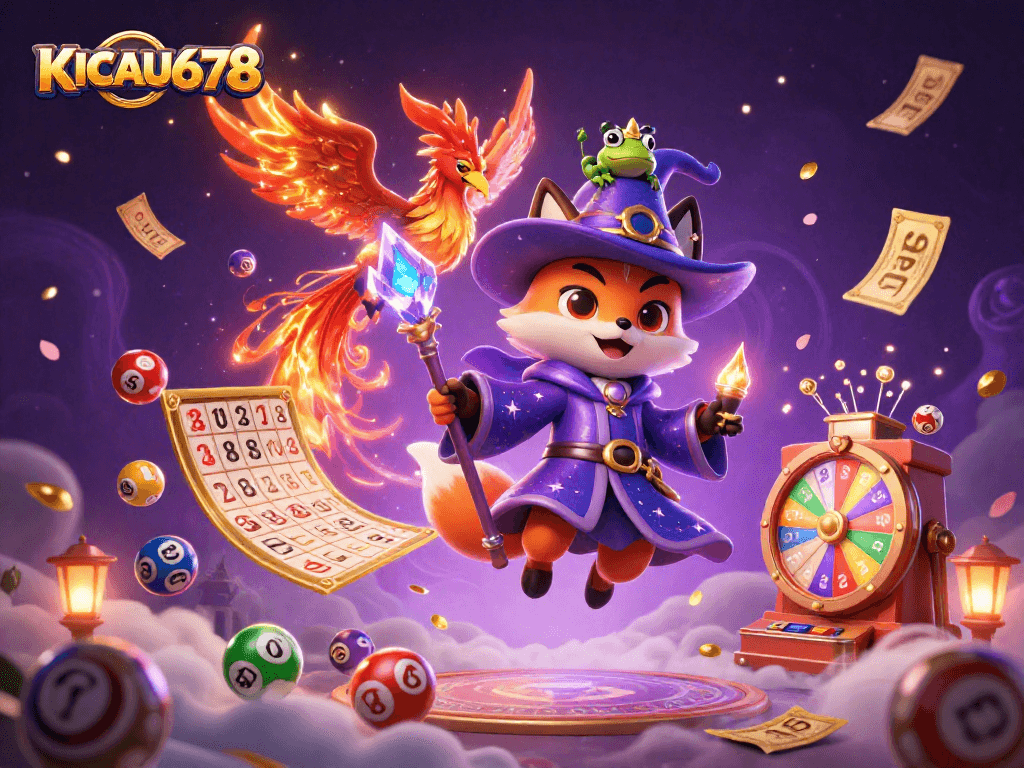 KICAU678 promotes thrilling lottery excitement with a magical wizard fox and animated game elements.