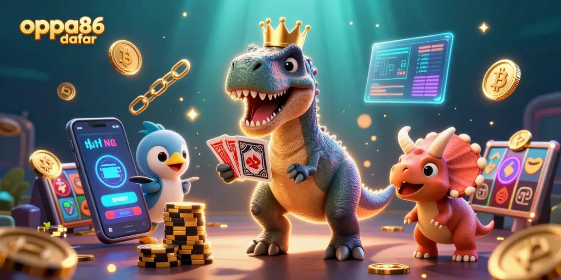 Engage with oppa86 daftar in a vibrant casino scene featuring a T-Rex shuffling cards and crypto elements.