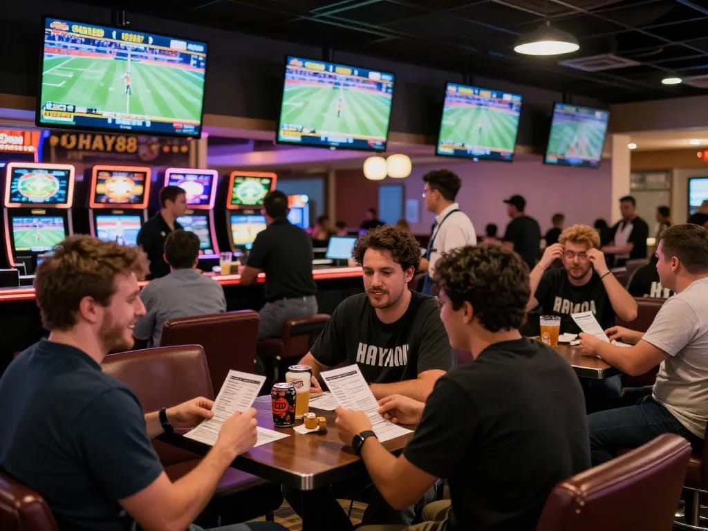 Patrons engaging in live sports betting at HAY88 sports bar, showcasing excitement and camaraderie.