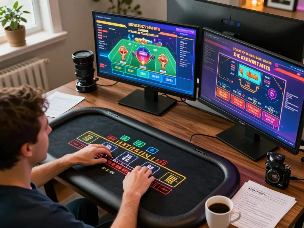 Player strategizing online at 789betcom with multiple game screens, vivid gaming atmosphere.