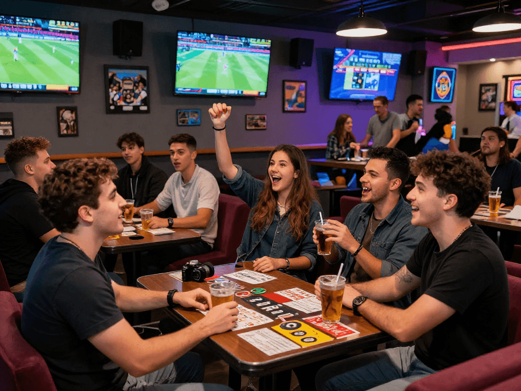 A vibrant gambling scene featuring the excitement of sports betting at an oxbet lounge with friends enjoying live sports.