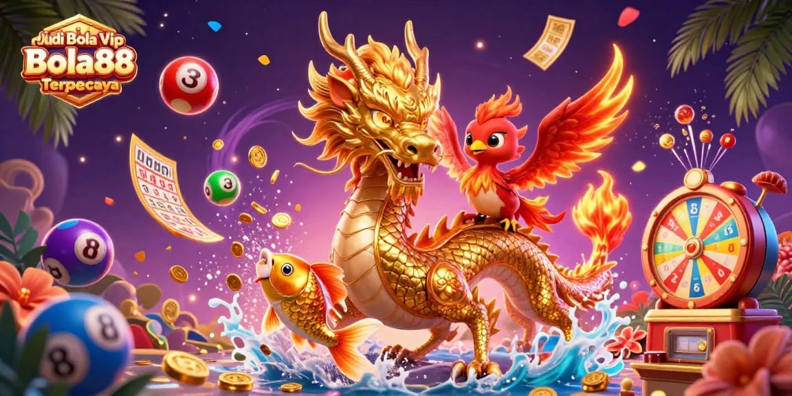 Experience Judi Bola Vip Bola88 Terpercaya with a captivating dragon, phoenix, and koi fish in an energetic gaming scene.