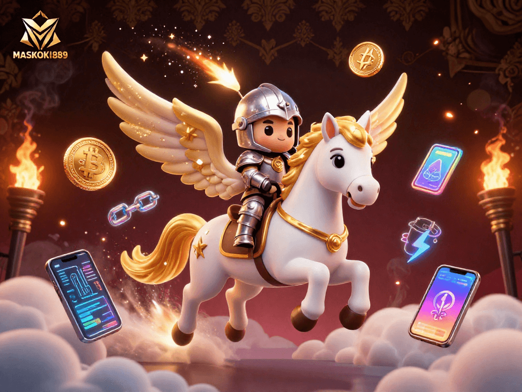 Experience winning moments with MASKOKI889 featuring a celestial horse and crypto elements.