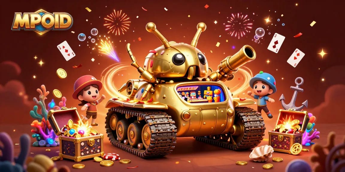 MPOID offers vibrant casino gaming action featuring a golden beetle tank casino bursting with coins and celebration.