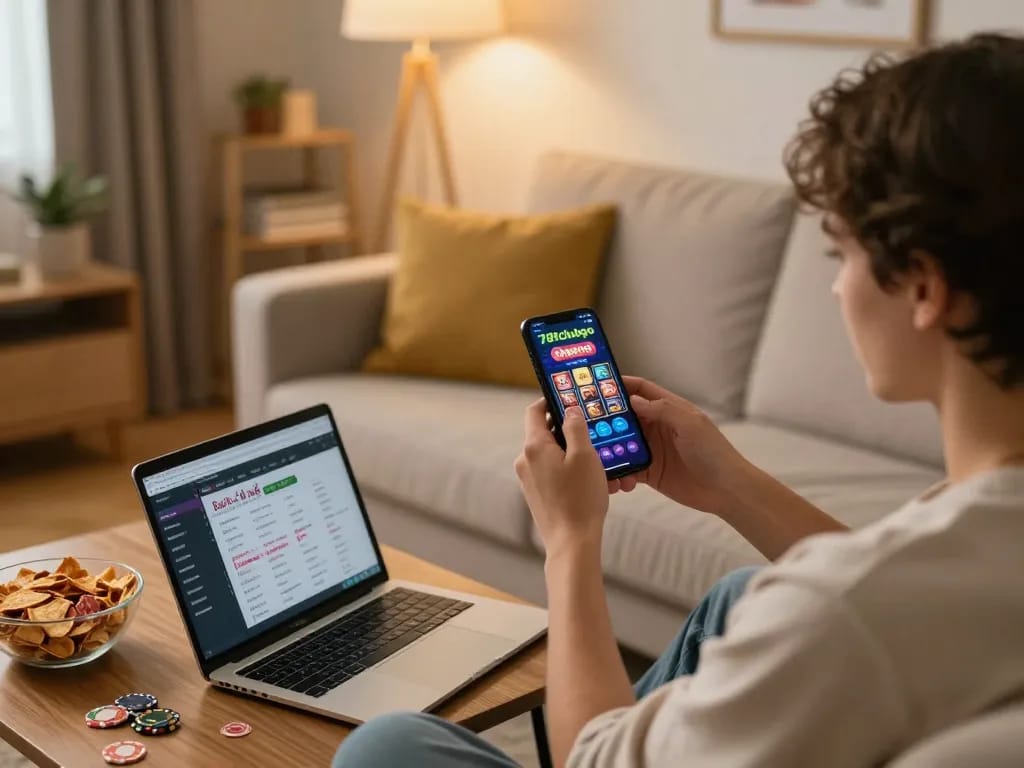 Player engaging in 789clubgo mobile app for thrilling slots action in a cozy home setup.