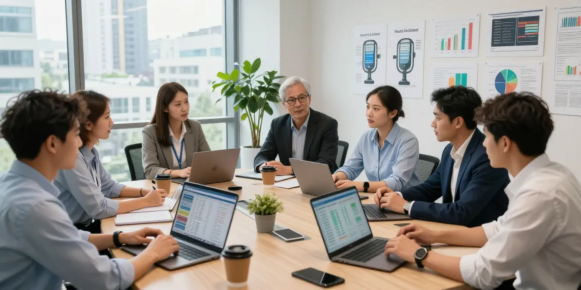 Team discussing business electricity half hourly meter benefits in a bright corporate office.
