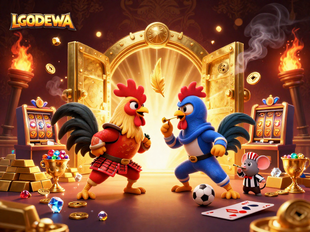 LGODEWA featuring twin cartoon roosters in a dramatic showdown with casino elements for online players