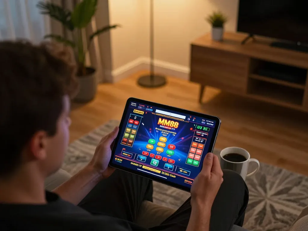 Engaged player enjoying MM88 online casino gaming on tablet in a cozy living room