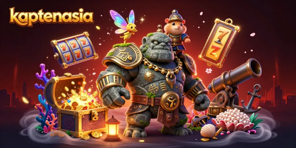 Golem penjaga dengan kekuatan magis dalam dunia judi kaptenasia yang dinamis dan penuh warna.